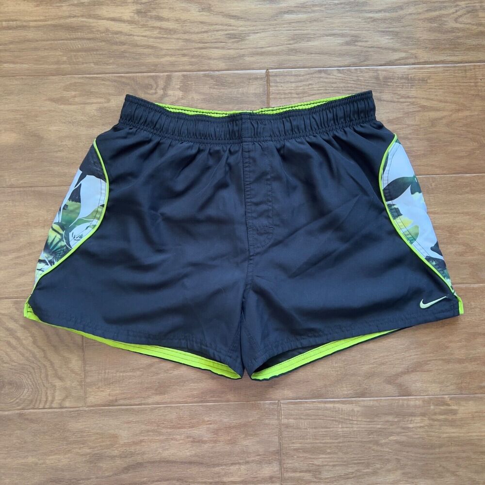 Nike Core Swim Shorts Size M Green White Tropical Hawaiian Print/Black Lined